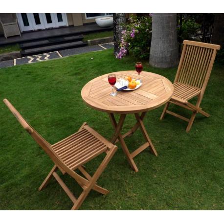 Mobilier de jardin ensemble table ronde + 2 chaises en teck
