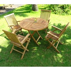 Ensemble meuble de jardin en Teck brut : grande Sunrise 100 cm 4 fauteuils