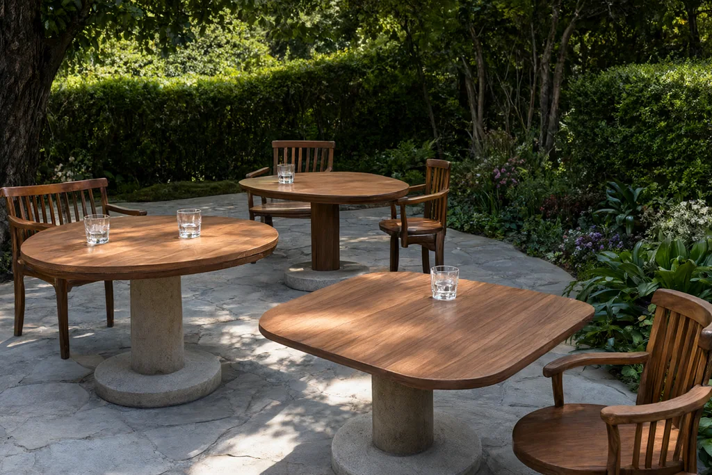 Tables de jardin en teck et résine : formes, tailles et usages