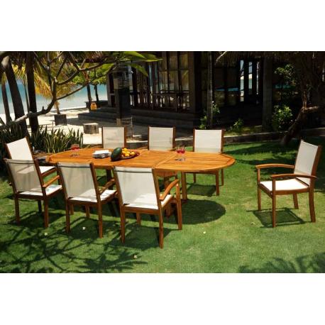 Salon de jardin batyline et teck – 8 fauteuils teck huilé