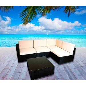 Salon de jardin en résine tressée – 5 éléments + coussins