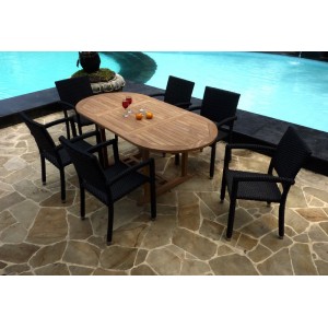 Salon de jardin en teck brut – ensemble Bali 6 fauteuils résine, original et moderne