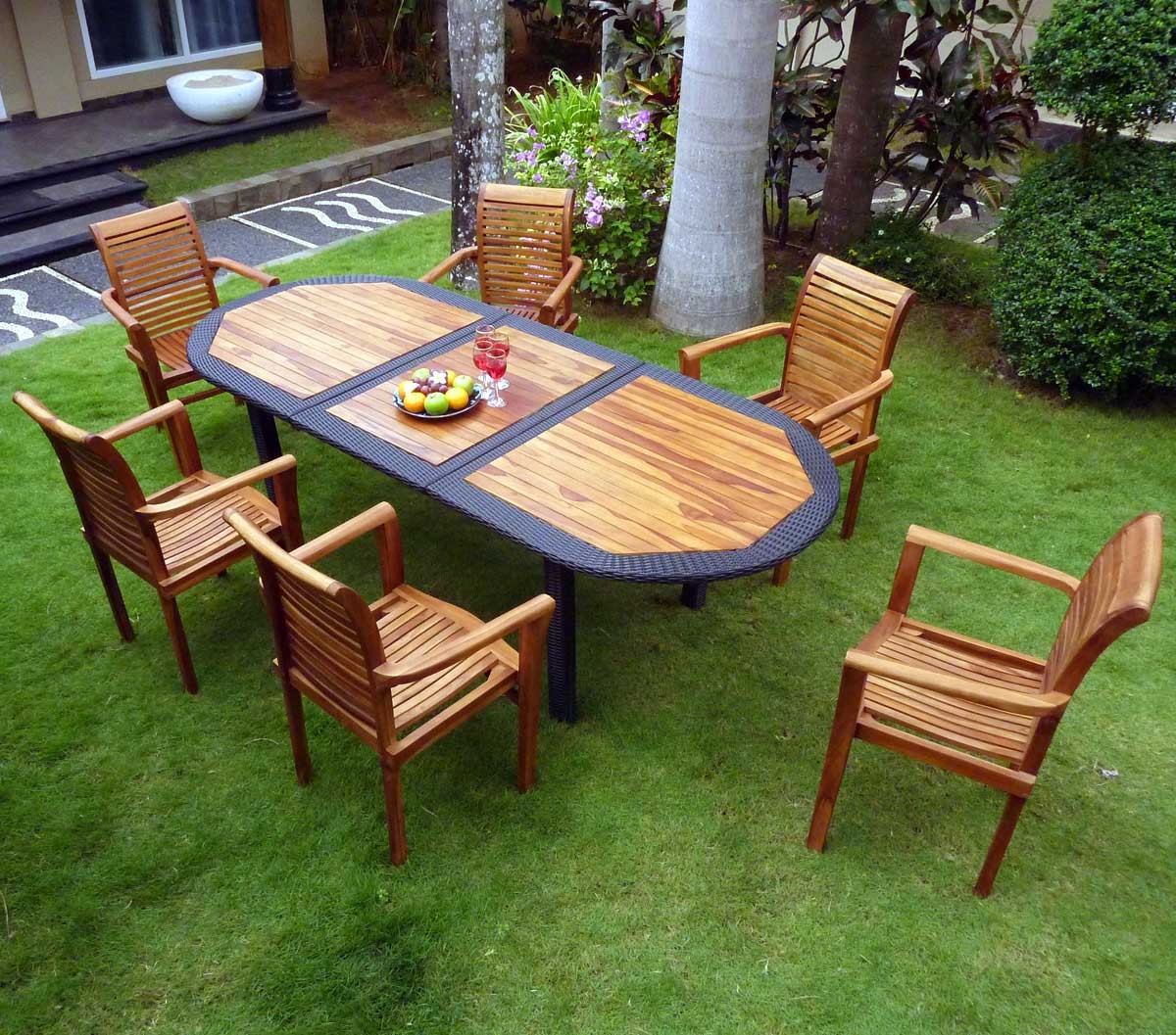 meubles en teck et résine tressée : salon de jardin 6 places