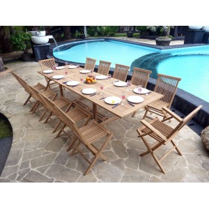 Ensemble 10 chaises + 2 fauteuils salon de jardin avec table en teck de 3 metres !